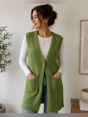 ICHI Olive Green LONG Cardigan Knit Vest XS - bohemian cottagecore preppy